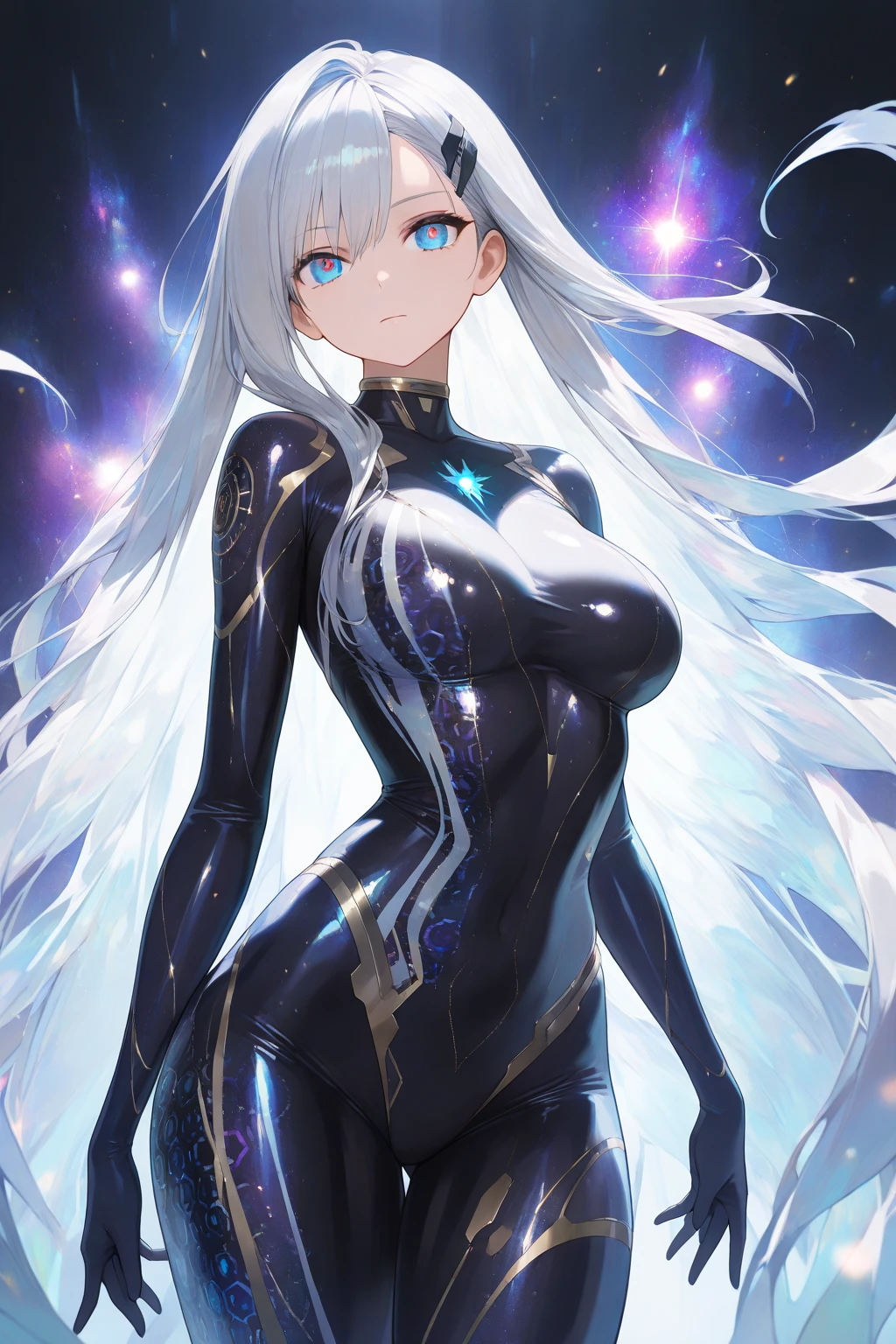 (best quality), best illustration, intricate details, ultra detailed, (2D), hair between eyes, splendid illustration, extremely detailed, 1girl, (bishoujo), ((beautiful detailed face)), (pretty_face+round_face), ((beautiful detailed eyes)), (blue eyes), transparent eyes, ((gigantic breasts)), (bishoujo:1.3), (perfect face), (solo), extremely Detailed CG, (extremely beautiful), dynamic angle, (masterpiece:1.2), (dark eyelashes:1.1), (eyeliner:1.2), (deep blue eyes:1.2), (big eyes:1.2), (bright skin), (ultra-detailed), illustation, very long bangs, sweaty, messy hair, 1girl, (starry space background), (spacecraft, (futuristic white bodysuit with blue leds), sitting, science fiction, long hair, silver hair, deep blue eyes, cameltoe, erect, headset, huge breasts, sexy beautiful young woman, robotic cat ears, thick thighs, very tight clothes, narrow waist)