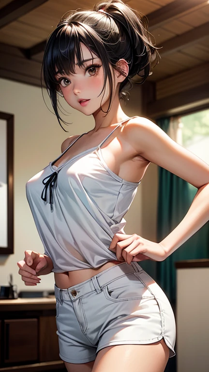 Waist-length hair tied in a high ponytail、Move the tick part to the side、Beauty(Tall Woman, Slim figure, Firm breasts)、Cowboy Shot、Front facing,Realistic photos、NSFW、KJP530R