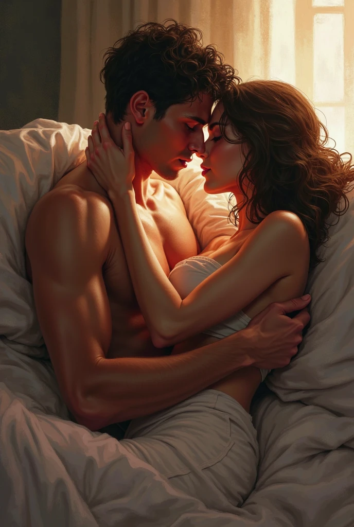 duo, nude, nsfw, 1girl, 1boy, mature female, from above, blush, ??????, medium breasts, ????? nipples, having sex, looking at viewer, mercenary style, ????? , vaginal, rough ???, (motion lines), bed sheet, masterpiece, best quality, absurdres