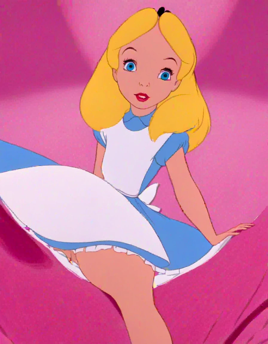 wxaliwonlan, 1girl, solo, long hair, blue eyes, blonde hair, alice, disney, masterpiece, best quality, upskirt view, full view, white panties, upside down, bare legs