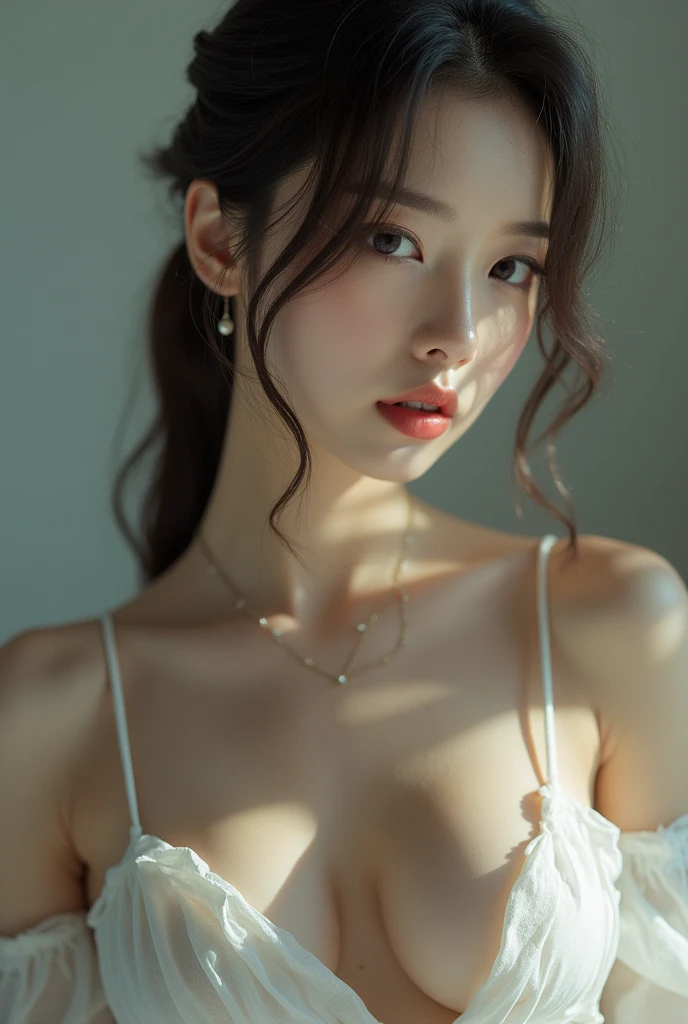 (aesthetic, High resolution: 1.2), professional photographer, Art on display, intimate moment, sexually liberated, Passionate mood, seductive expression, Subtle features, sensual lips, wet lips, Seductive half-closed eyes, Clothing exposed, seductive gaze, Pose gợi ý, powerful lighting, Bright colors, Can intimate, eroticism, Provocative visual of the lower body