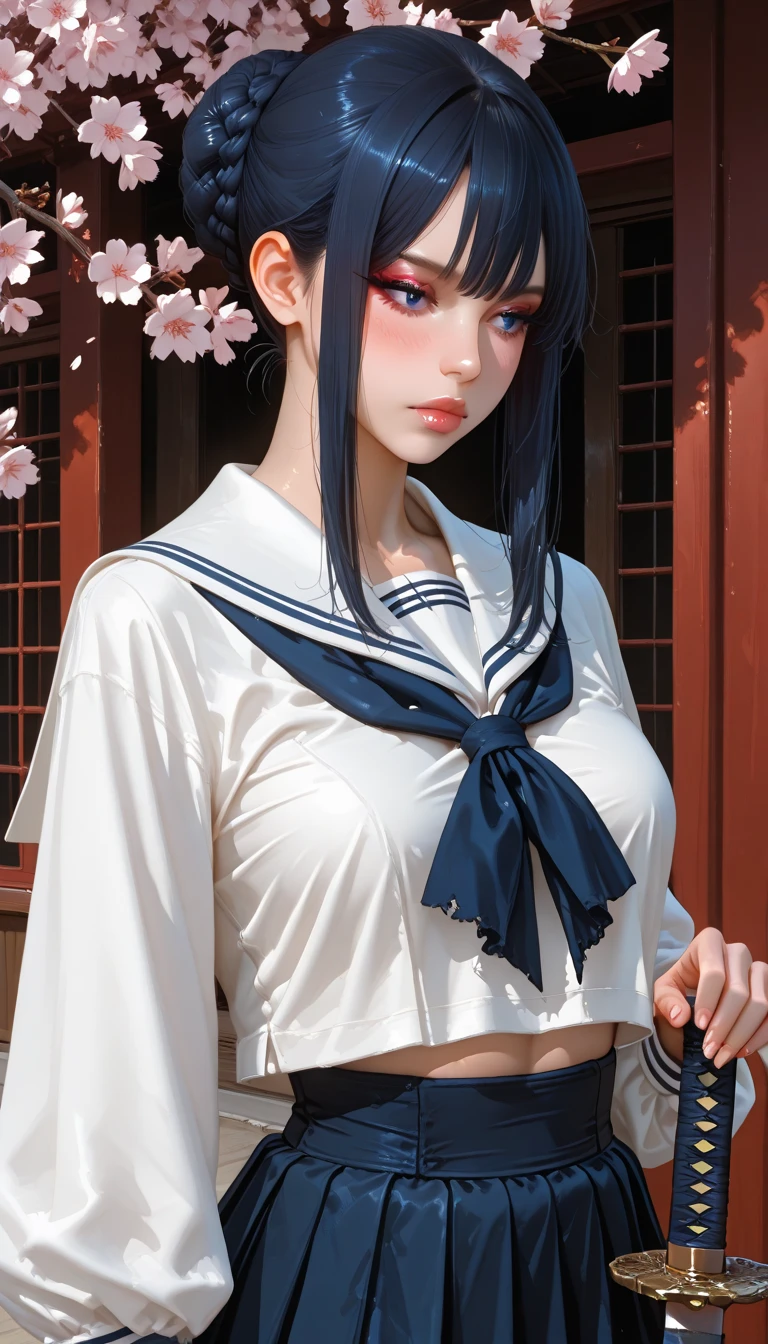hatsune miku, cosplay, aqua hair, twintails, hair ornament, very long hair, headphones, alternate costume, , sailor collar, serafuku, shirt, long sleeves, necktie, skirt, pleated skirt beauty, Beautiful woman，Have a perfect body：1.4，Layered Hairstyle，((Big breasts)), ((D cup)), Visible cleavage，Bare shoulders, Highly detailed face and skin texture，Double eyelids，Skin Whitening，Long hair，Whitening long legs，Standing by the sea, Fashion girl, Red lips, Sweet maiden, Beautiful makeup, detail, lifelike, Very detailed, amazing, beautiful, Young and energetic, high quality，High Definition, rich and colorful，Exquisite, Smooth skin, The skirt is short, Lift the skirt with your hands, Elegant and charming posture, Official Art, Extremely detailed, Movie atmosphere, Soft colors, Natural skin texture,