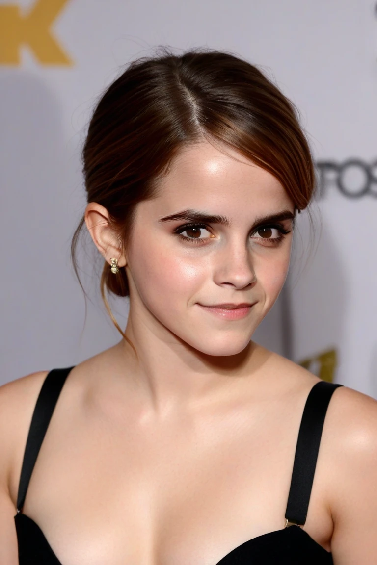 Emma Watson's expressionless face, her hair must be tied behind her head