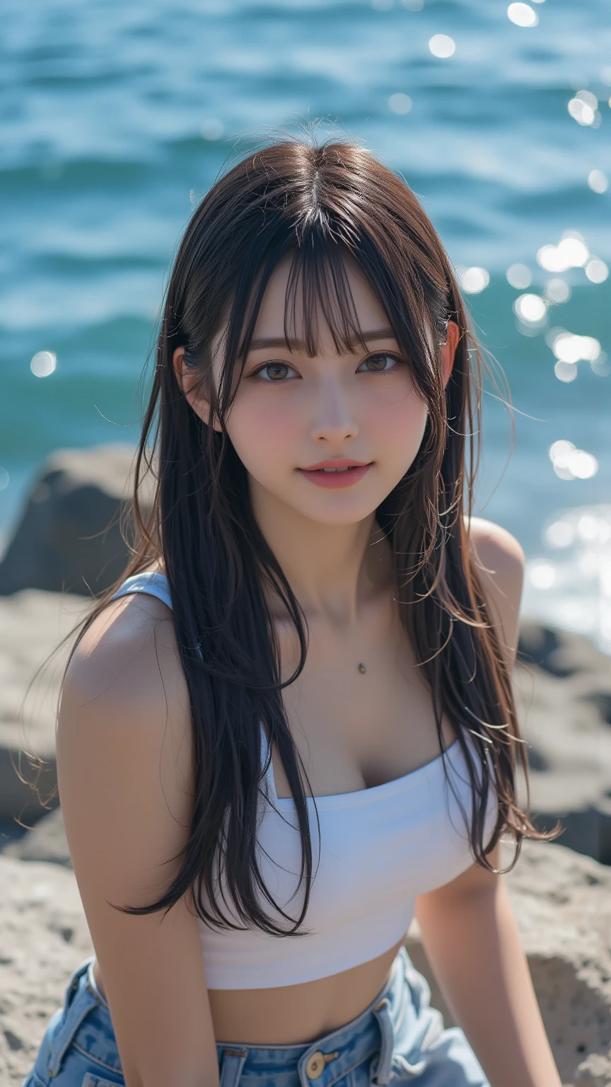 a beautiful smiling girl with long black twin-tail hair, flower hair accessory, nude, by the seaside, highly detailed portrait, intricate details, 8k, photorealistic, masterpiece, stunning colors, soft lighting, glowing skin, beautiful face, detailed eyes, long eyelashes, elegant expression, natural pose, serene atmosphere, romantic scenery, vibrant colors, atmospheric lighting, ethereal, dreamlike