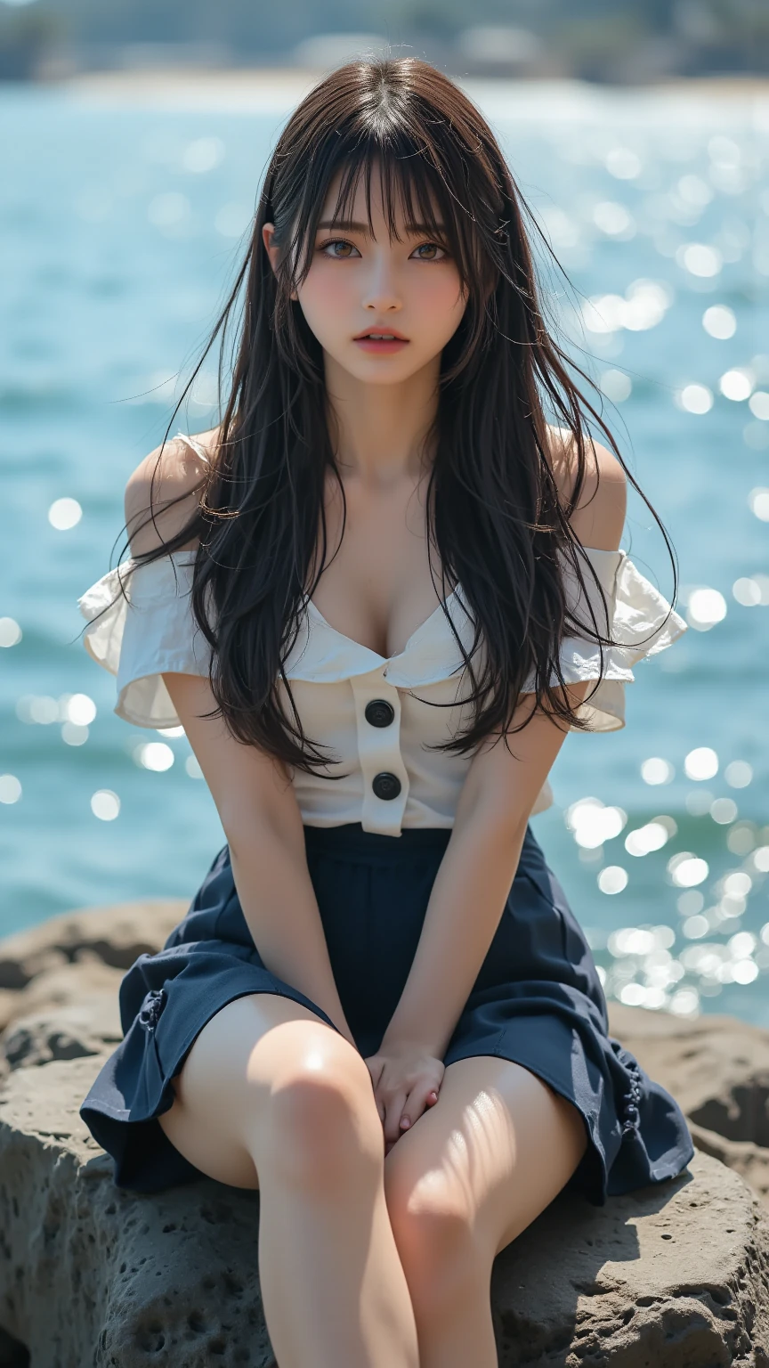 Clothes pull skirt pull dress pull shirt pull sweater pull wind wind lift ((Large Breasts)), ((D cup)), Visible cleavage,Highly detailed face and skin texture,((Bare shoulders)), Double eyelids,Skin Whitening,Long hair,Whitening long legs,Standing by the sea, Fashion Girl, Red lips, Sweet girl, Beautiful makeup, detail, lifelike, Very detailed, amazing, beautiful, Young and energetic, high quality,HD, rich and colorful, fine, Smooth skin, The skirt is very short, Official Art, Extremely detailed, Movie atmosphere, Soft colors, Natural skin texture, Random Scenes, Random shooting angle, Black knee socks, Lace hem