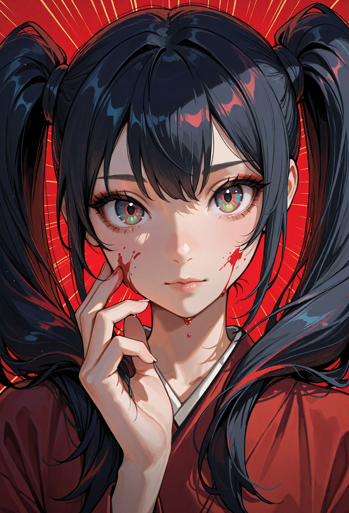Beautiful Japanese supermodel woman, A lock of hair with slight highlights, black eyes, Sexy,street background,Gorgeous kimono , Liquid color flows across her face, Shooting against the light,Perfect facial lighting,mixed media