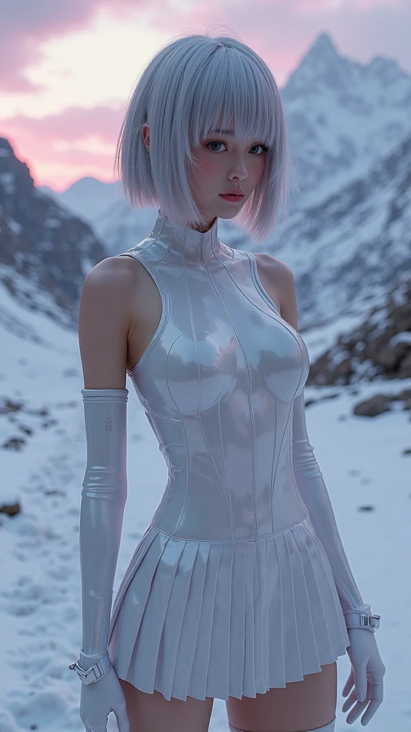 Raw, cinematic shot, (sharp focus:1.5), (photorealistic:1.2), twilight lighting, volumetric lighting,1girl, bunny ears, white hair, skinny waist and legs, long legs, very small breast, fair skin, Full cover sweater, white pantyhose, deadpan, upper body, in snow, forest, photographed by Canan EOS R6, 135mm, 1/1250s, f/2.8, ISO 400