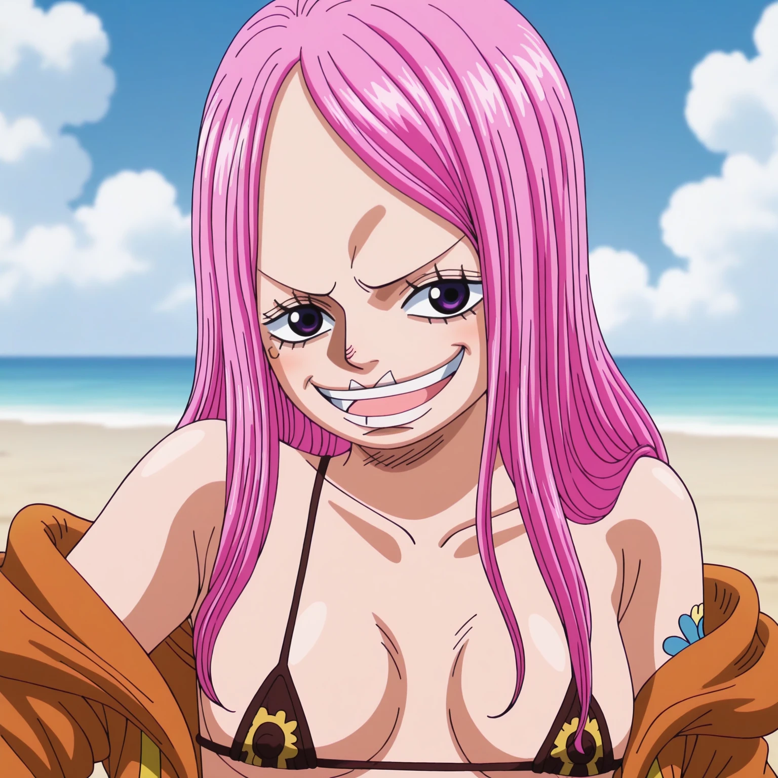 One Punch Man Tatsumaki (hyper realistic, age 17, big eyes, sexy 2 piece bikini) looking disappointed at viewer, holding one strawberry. beach, japan
