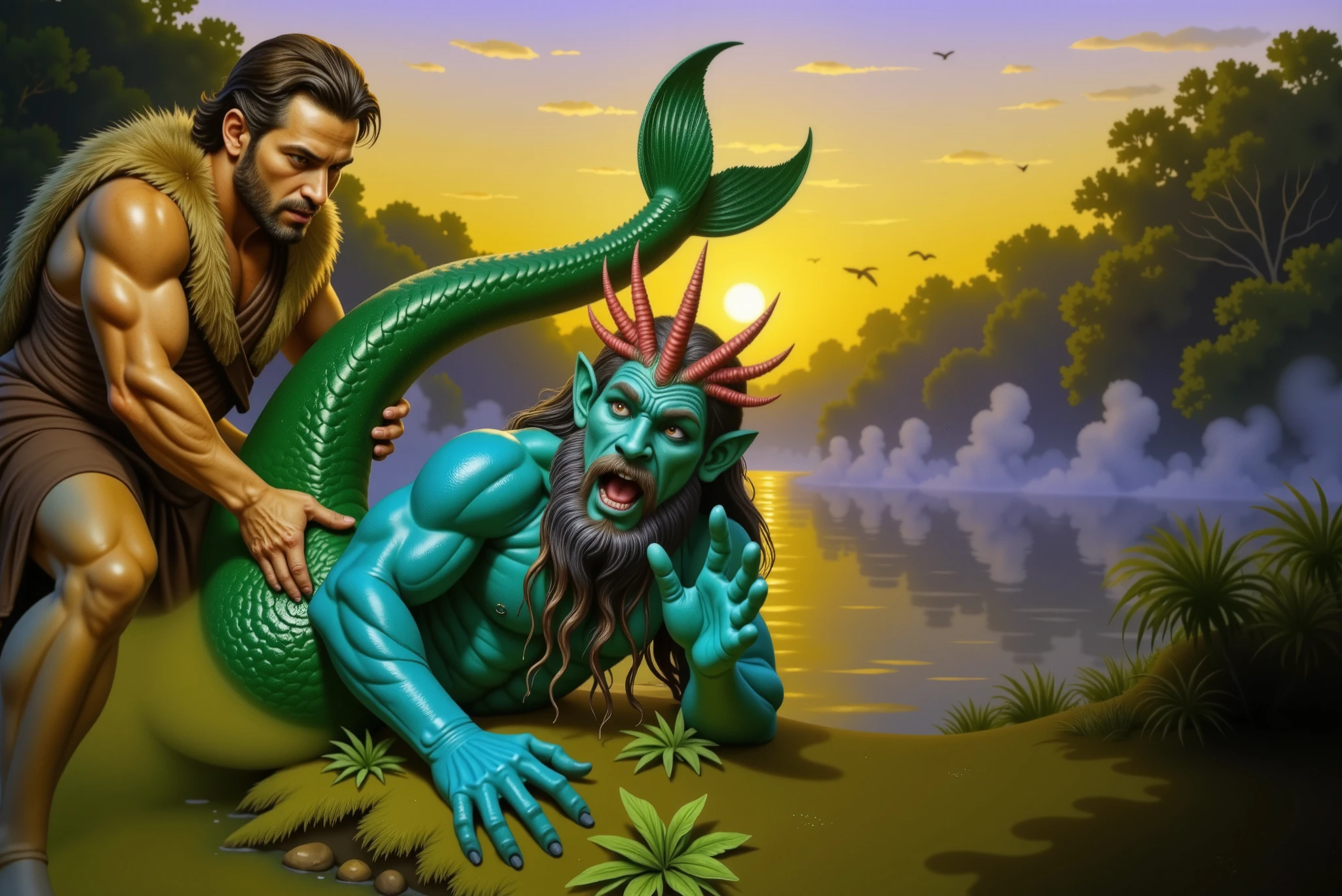 A realistic cinematic scene of Nereus, the triton, waking up startled on the riverbank at dawn. His cerulean-blue mottled skin glistens with morning dew and river water. His webbed fingers grasp at the mossy ground in panic. Hercules, wearing a lion’s pelt, grips Nereus's glowing triton tail firmly, initiating a legendary struggle. Nereus's seaweed-like beard and hair ripple with movement as he tries to escape. Coral-red horns crown his head, and his ember-colored eyes shine wide with alarm. The rising sun casts golden light across the dramatic scene, reflecting on the river and highlighting the tension between strength and desperation. Mist lingers above the water while distant birds herald the new day.
