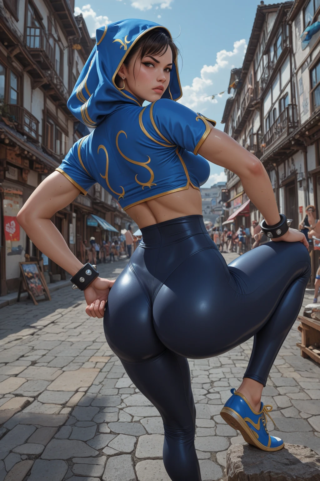 (Muscular:2), (thick thighs:1.8),
princess_zelda_aiwaifu, pointy ears, braid, hair ornament, hairclip, fingerless gloves, blue shirt, long sleeves, crown braid, bangs, (black pants), green eyes, parted bangs, short hair, sidelocks, thick eyebrows, (tight black pants:1.3), (big smile),
hard nipples, (small breasts),
eyeshadow, lipstick, midriff, (sitting on Link:1.6),
looking at viewer, from behind,
rim lighting, detailed skin, detailed eyes, grassy field