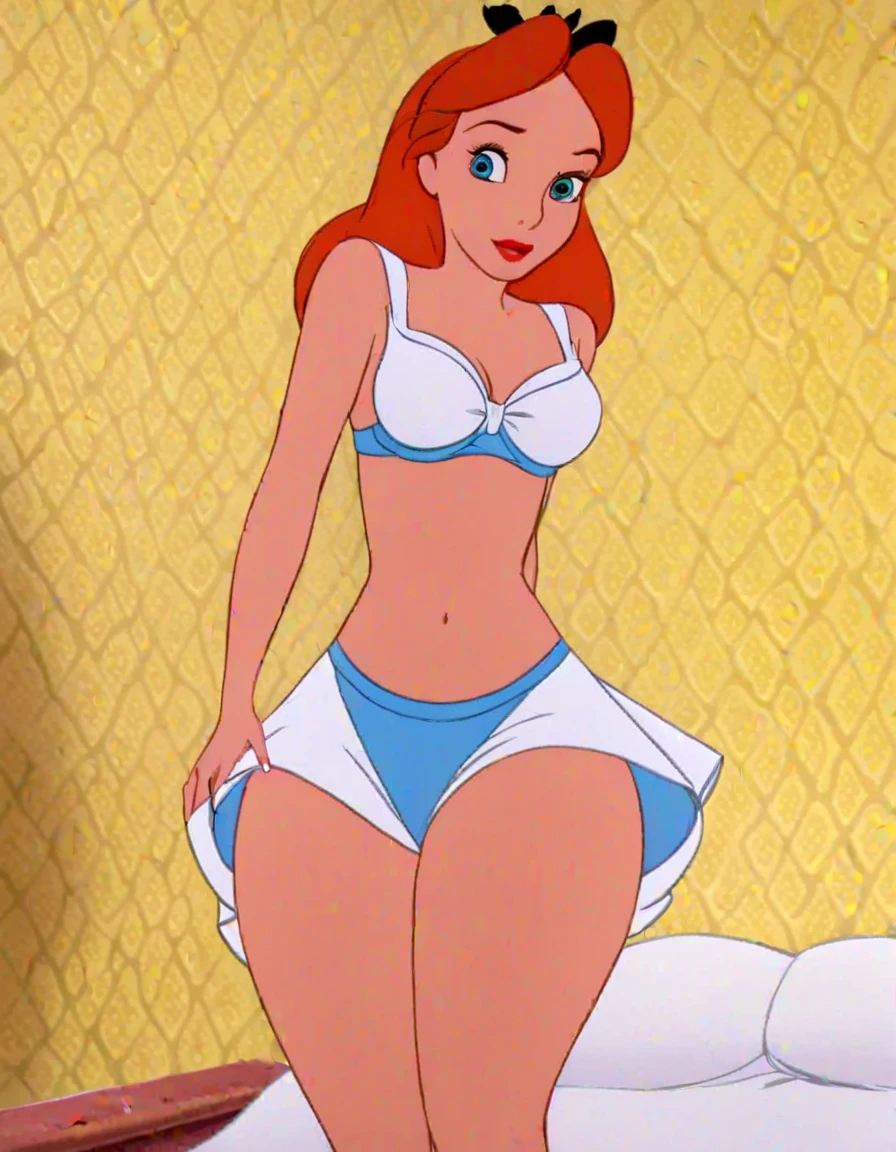 ar_el, 1girl, fair skin, red lips, red hair, large aqua-blue eyes, indoors, stage, looking at viewer, front view, sitting, legs, light pink frilly tutu, thicc thighs, ballerina, ballet slippers, white panties with pink hearts, heart print panties, sitting on floor, lips parted, teeth, huge butt, hands on ankles