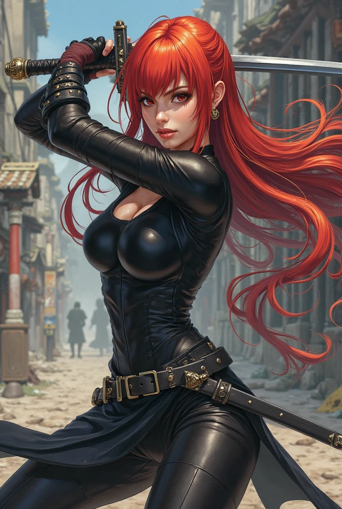 Katarina from League of legends game, She has a knife, her hair is red,