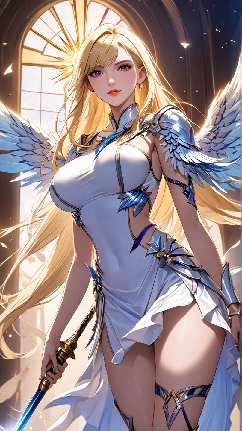 quality over 8k, female angel,sexy,long blonde hair,anime,goddess,symmetrical blue eyes,ultra detailed eyes,transparent langeri,forest,sword,golden wings,full body,ultra detailed lips, ultra detailed face, double eyelids, ultra detailed feet,in pe,beautiful legs,tight boots,full leg --auto --s2