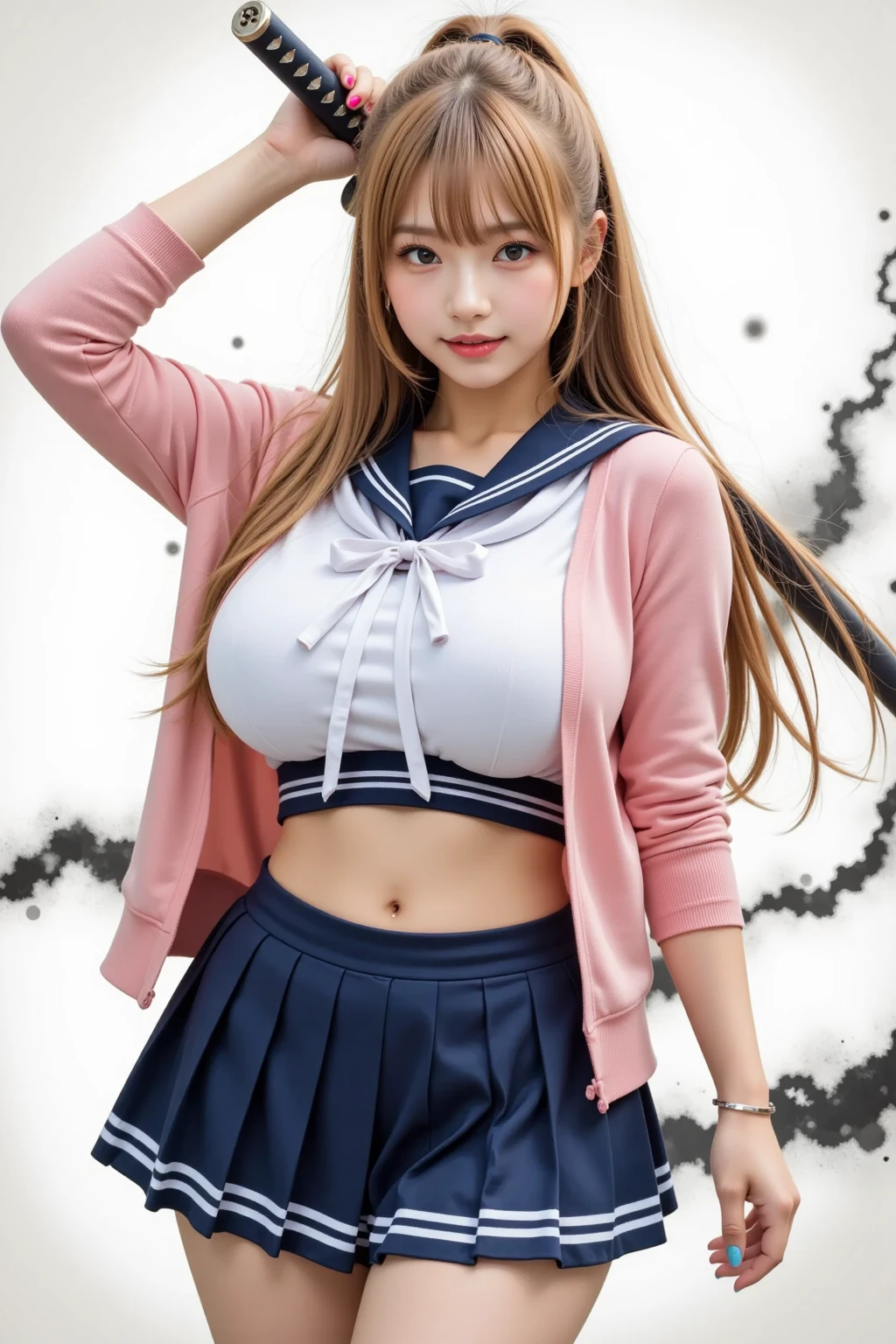 (1 girl:1.3), rest, half body shot, Japanese, 17 year old supermodel, thin and long, high school girls, (from the side), (best quality:1.4), 32k resolution, (actual:1.5), (超actual:1.5), High resolution 32k ultra high definition, (masterpiece:1.2)), (Quality improvement:1.4), (Very beautiful facial details), (best qualityのリアルな質感の肌:1.4), (perfect anatomy:1.2), (standing:1.37), please let me see your belly, , (((Pink , Pink sailor suit:1.15))), ((Pink pleated miniskirt:1.15)), ((in the classroom:1.15)), precise fingers, super detailed, symmetrical eyes, Look at the audience,natural makeup, ((Keen eye for quality:1.2)), (tired, sleepy and content:0.0), (thin lips:1.33), (thin nose:1.2), ((Physically based background rendering:1.37)), crooked:1.2, Big breasts, (heaviness in chest:1.1, thin and long lower body), brown hair, (pink hair:1.37), open mouth，Soft light falls on your face and body, Epic emotional cinematic lighting， huge breasts，cleavage，Smile，low cut，pantyhose，happy smile