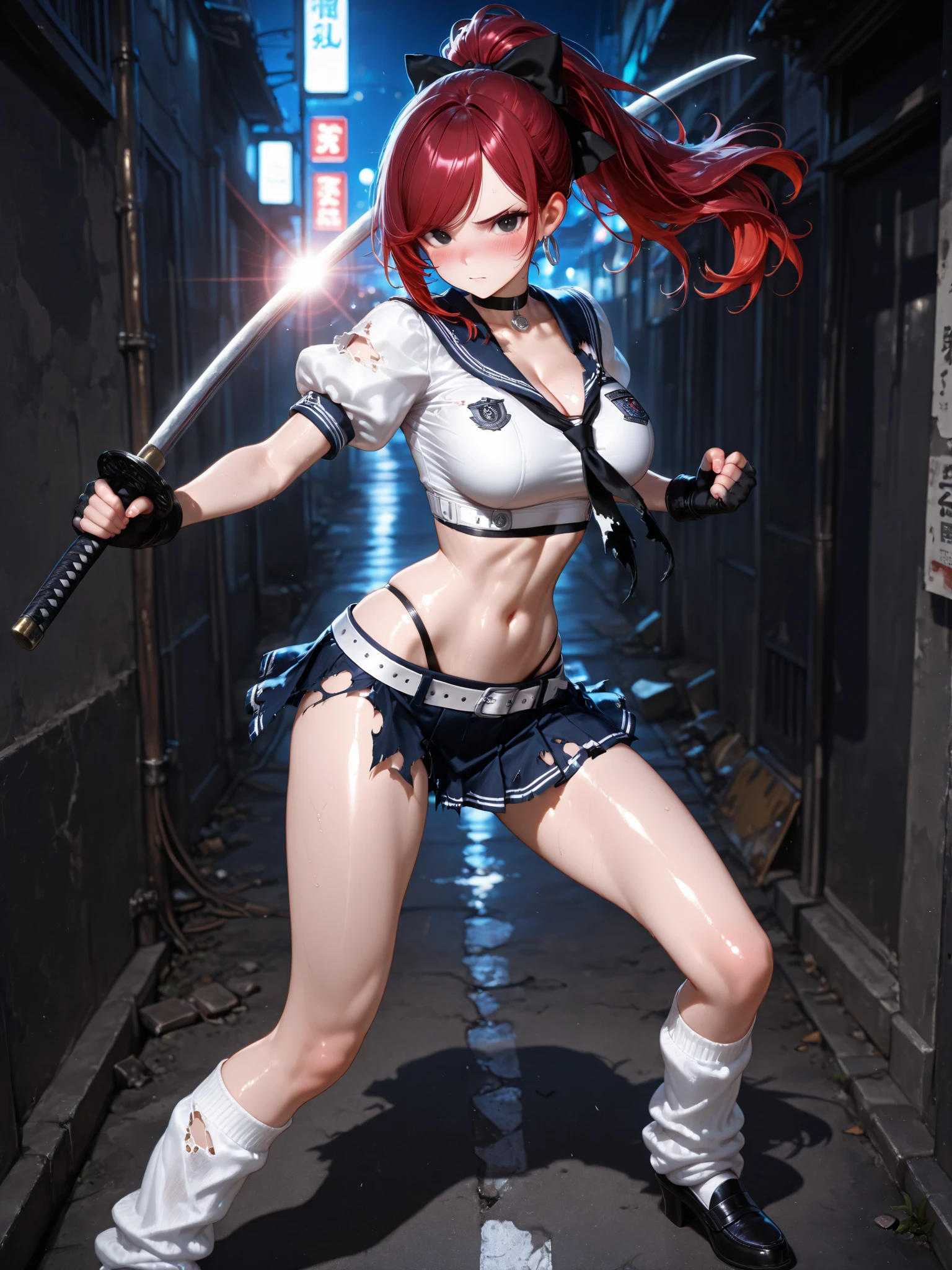 1girl,bikini jeans, ponytail ,pink hair, purple eyes, magic circle, blue flames, wallpaper, landscape, blood, blood splatter, depth of field, night, light particles, light rays, sidelighting, thighs, fate \(series\), genshin impact, ****, open jacket, skirt, thighhighs,