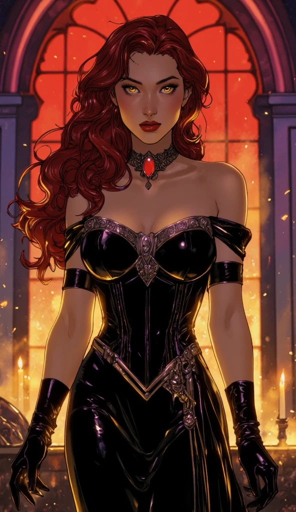 Beautiful and sexy girl. Devil. Throne. Red hair. Leather clothes. Fire. Dark and scarry environment.