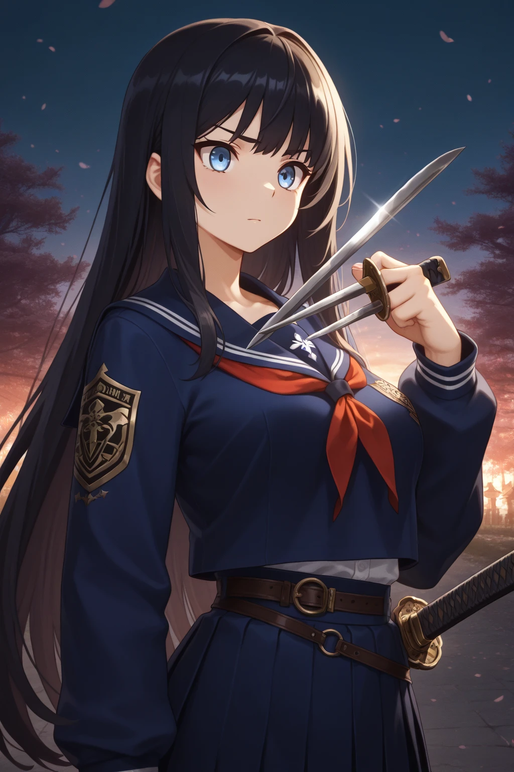 an anime character with long brown tresses and a short skirt in sailor open outfit, holding a bow and arrow, 1girl, solo, lift skirt, very short school uniform, short serafuku, firm , long hair, black hair, cowboy skirt, looking at viewer, white background, simple background, black serafuku, pleated skirt, blush, random low angle, , 50% , , all intricate details