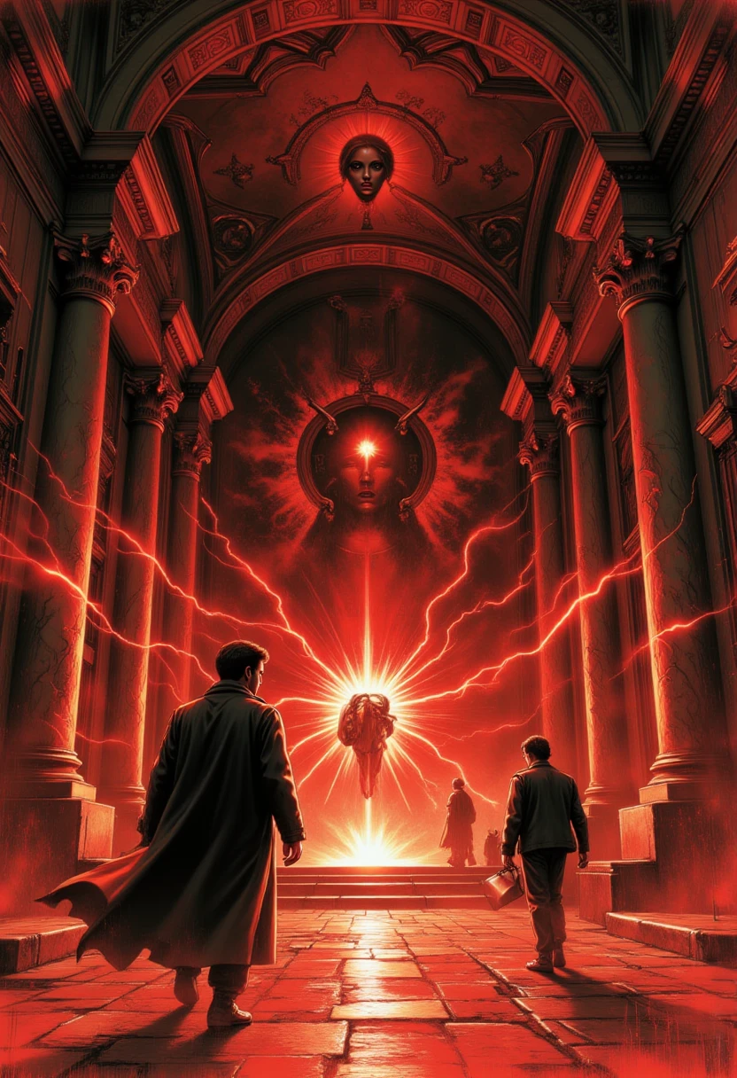 Pulp art, terror, magic, magic, lightning, red lighting.