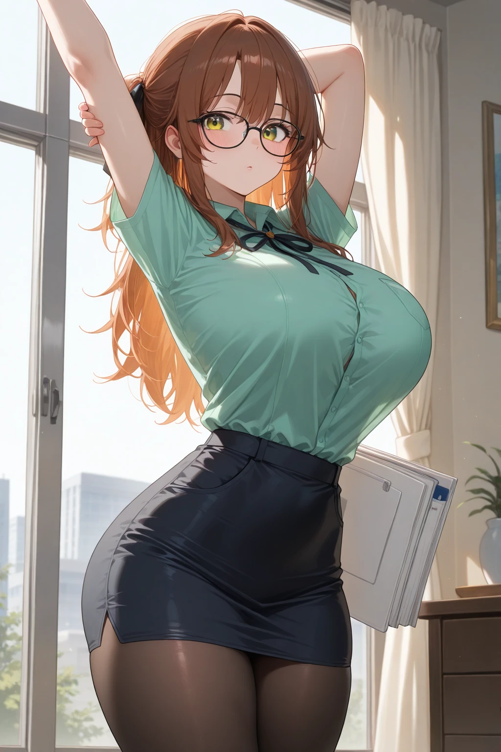((masterpiece)), (best quality:1.7), (detailed:1.4), (high res:1.4), 8k, (colorful:1.5), high resolution, sharped image, 4k, hd, (beautiful detailed background:1.2), (beautiful lighting:1.2), (highly detailed:1.2), perfect lighting, (8k wallpaper:1.2), (highly detailed:1.2), (extremely detailed CG:1.2), (((only brunette very long hair ponytail))), ((large chest)), ((busty)), curvy figure, (((light green eyes))), (green loose ribbed sweater and dark brown plaid pattern brown skirt and white stockings), mature, older, human adult, short, fullbody, glasses, office lady, secretary, paperwork