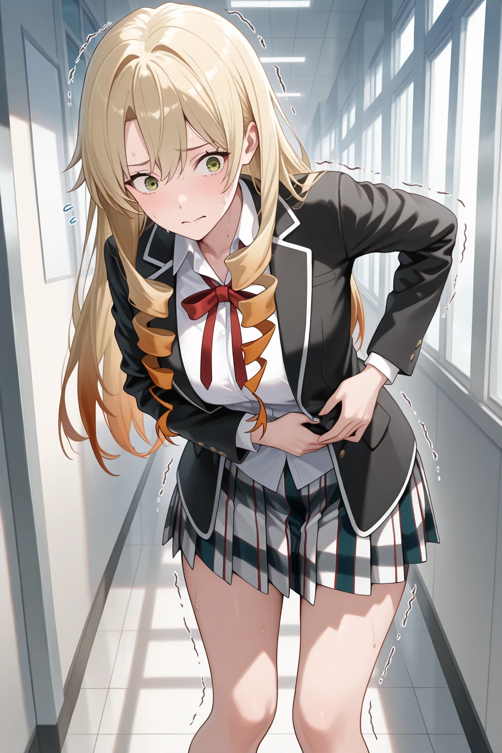 masterpiece, Highest quality, High resolution, 1 in, Side Ponytail, Long Hair, Ahoge, White shirt, Blue Skirt, Long sleeve, Red Bow, White socks, Are standing, (Cowboy Shot), indoor, School corridor,Disgust,anger,Open your mouth,wear randoseru backpack,((Panties in full view)),((Skirt Lift)),