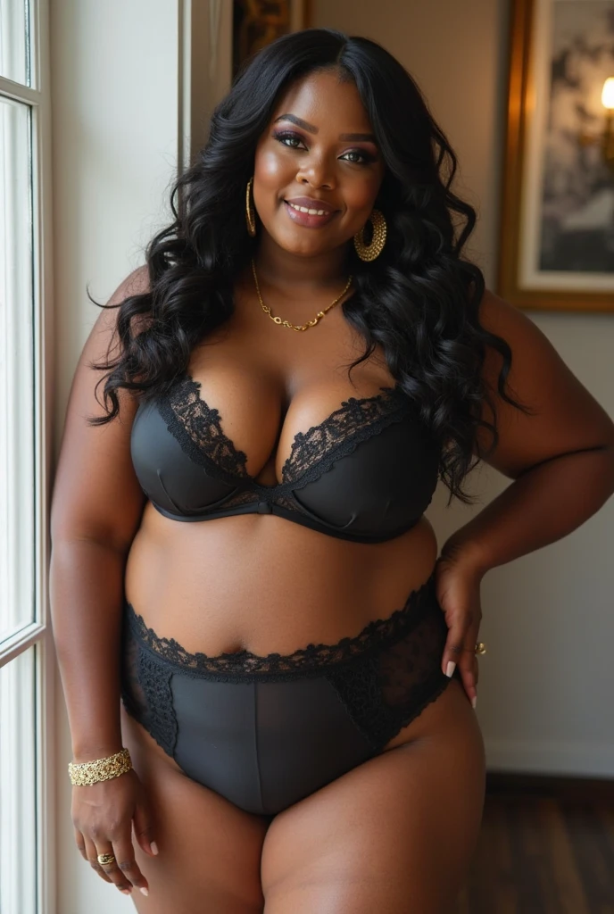chubby milf, detailed facial features, beautiful eyes, luscious lips, busty figure, wearing black lace panties, laying on bed, sensual expression, warm lighting, photorealistic, cinematic composition, depth of field, vibrant colors, masterpiece, ultra-detailed, hyper realistic