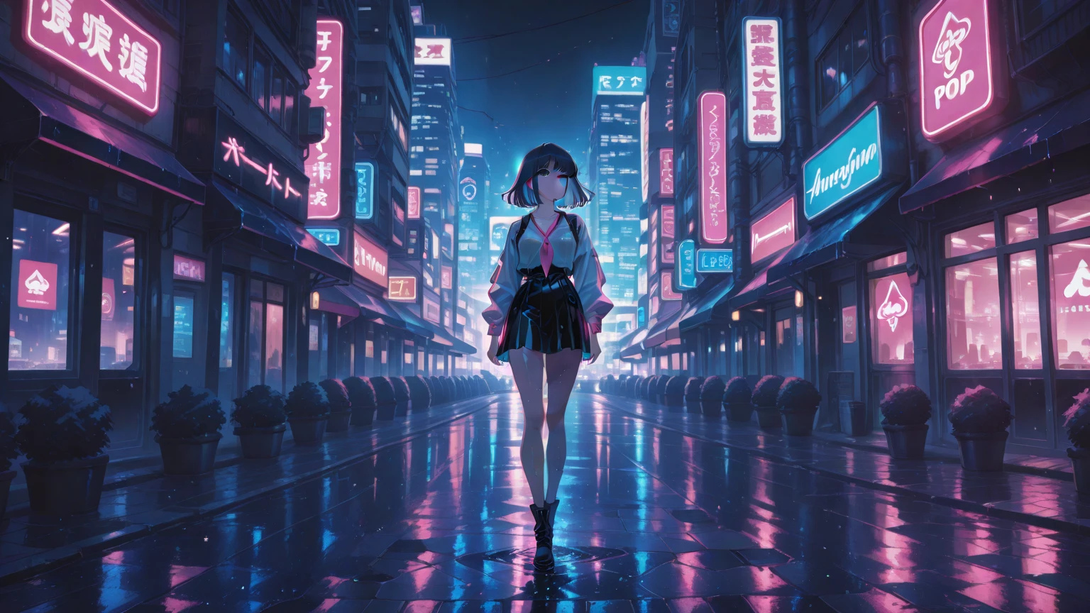 masterpiece, best quality, highly detailed,1girl, boots, building, convenience_store, cyberpunk, english_text, gloves, long_hair, outdoors, solo, storefront, thighhighs, from behind,