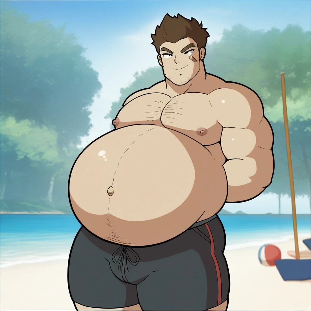 horikoshi kouhei, absurdres, Endeavor, red hair, brown eyes, boku no hero academia, chama kou, highres, male focus, muscular, muscular male, large pectorals, short hair, spiked hair, 8k quality, beach, (Endeavor, detailed eyes, detailed face, (((full body))), visible foot, barefoot, (((standing on a the ground))), (((crossed arms))), red hair, red eyes, ((light smile))), looking at you, embarrassed, blush, looking from down, masterpiece, best quality, male focus, upper body, handsome, male, gay, smooth and sharp focus, Wet body, one penis, (((XXL up penis semen dripping))), (((nsfw))), (((emphasizing the extraordinary size of huge pregnant belly)))
