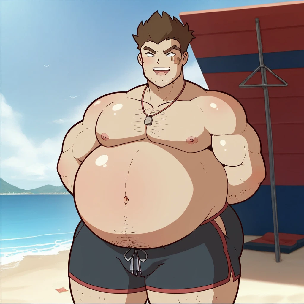 Despido usando apenas sunga vermelha, (((a fat bearded man zangief personagem do jogo Street fight 6))),walking barefoot on the beach ((wearing only red swim speedo)),(he doesn't wear a t-shirt),(he doesn't wear shorts), sunglasses, smiling, holding a glass of wine, short white hair, watch on the wrist, Nordic bracelets on the wrist, Nordic cord around the neck, incredible clouds in the sky, reflection of the sun, low angle of the image.
