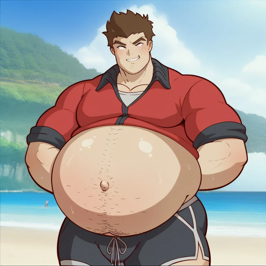 masterpiece, 3d, Roronoa Zoro, muscled, chilling at the beach, no shirt, pregnant, pig pregnant, belly, hands on back of head, only pants
