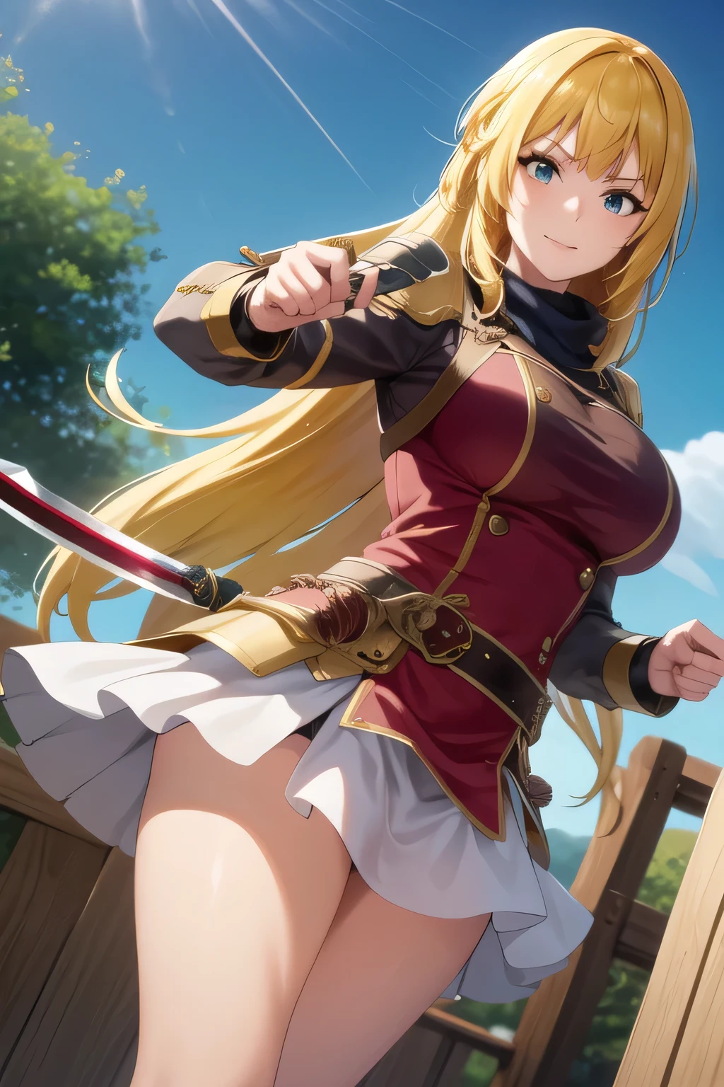 Blond wavy long-haired woman, Smile Yang ,Draw the details of a high school uniform?、If possible,,when wearing a high school uniform、Can you accurately draw the details of a Japanese sword with a long blade {X} Can you accurately draw the details of a Japanese sword with a long blade,(((, The facial expression comes first、grimace))),,I am alone ,teacher's house with a cane,Can you draw the details of a long sword accurately,A woman fighting with a Japanese sword ,Can you accurately draw the details of a Japanese sword with a long blade {X} Can you accurately draw the details of a Japanese sword with a long blade、sunny day、Outdoors,The enemy is hiding ,(Let's draw a more delicate expression), , big boobs, thin waist , , ,Can you draw the details of a long sword accurately,The length of the pattern on the Japanese sword is about 30cm,The length of a Japanese sword blade is about 1 cmm,view from below,Please draw the details of the Japanese sword accurately,amazing thighs taking selfies in the mirror ,beautiful legs,I'm in trouble when touched,big boobs,standing with legs spread out,