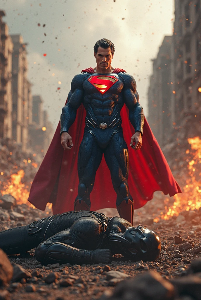 Superman standing angry with bloody fists and black suite and glowing red eyes, batman on the ground dead, laying in his own blood with mask that resembles bat and has closed eyes  with apocalyptic background 