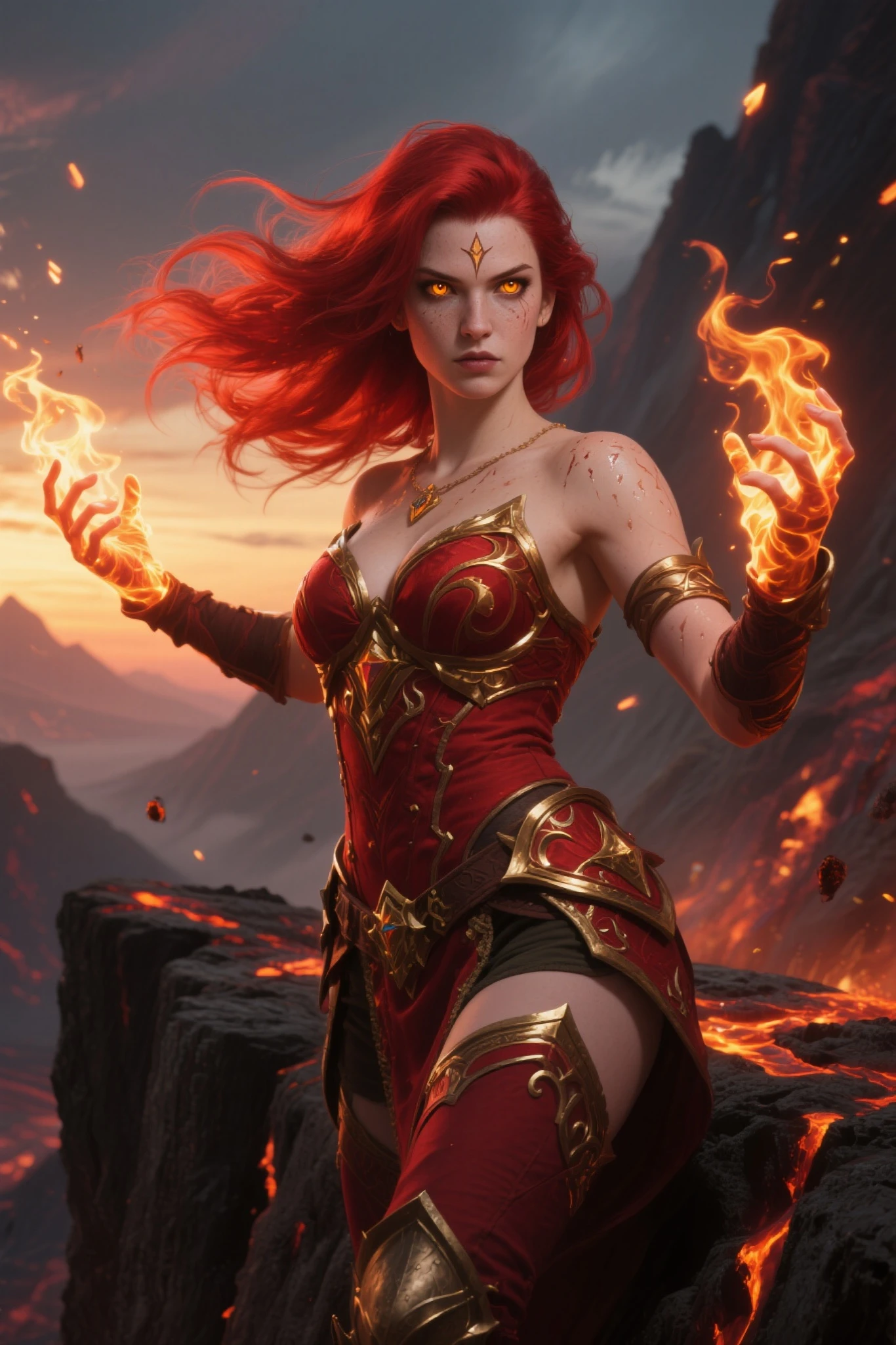 high details, best quality, 16k, [ultra detailed], masterpiece, best quality, (extremely detailed), full body, ultra wide shot, photorealistic, fantasy art, dnd art, rpg art, realistic art, an ultra wide picture of a female human (intricate details, Masterpiece, best quality: 1.5) goddess of fire  ((fiery radiant aura)), controlling a swirling red fire, fiery red radiant magic (1.5 intricate details, Masterpiece, best quality), manipulating purple radiant magical symbols, [[divine symbols]] (intricate details, Masterpiece, best quality: 1.5), human female, red  hair, long hair with aura, hair with red radiant eyes, intense eyes, ((radiant eyes)), (( red glowing eyes)), dynamic clothing, fantasy volcano back ground, stresms of lava,  celestial  background, ((divine worship atmosphere)), high details, best quality, highres, ultra wide angle