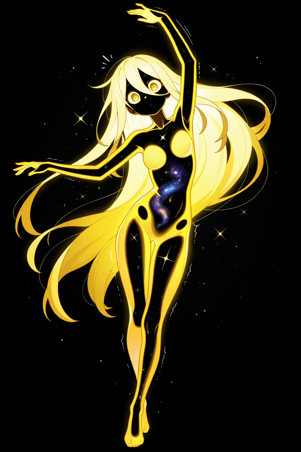 (best quality, masterpiece), 1 girl, yellow diamonds mineral, beautiful full body concept art, simple dark background, looking at viewer, gold long hair, mineral, (straight long legs:1.4), a skirt that covers the thighs, sleek glass thickness, transparent, cinematic lighting, rendering, 4K, --niji 5