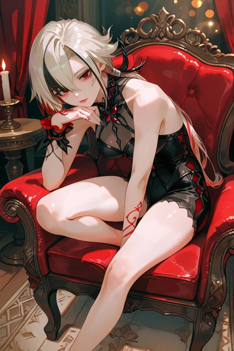 1girl, solo,indoors, castle,(pale_skin:1.5),red_eyes,(bags_under_eyes:1.2),empty_eyes,gothic,best quality,masterpiece,fantasy,sideboob,elbow_gloves,c-string,detached_sleeves,navel,,small_breasts,<lora:brd-10:1>