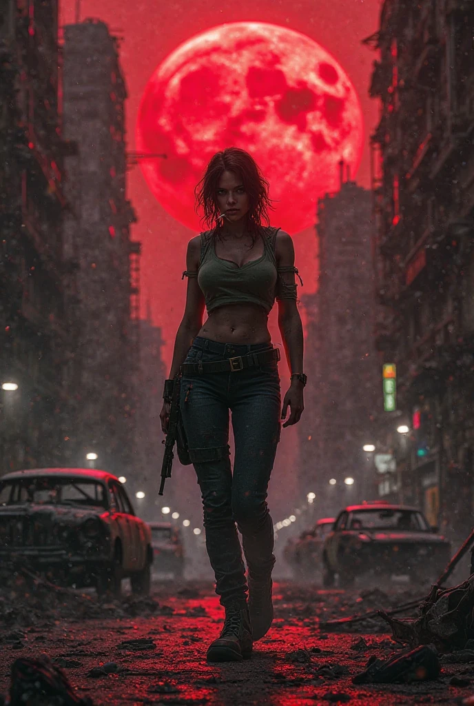 Woman in red dress with tall black hair wearing red googles and holding sniper rifle standing in front of the swings. The sky is chaotic red