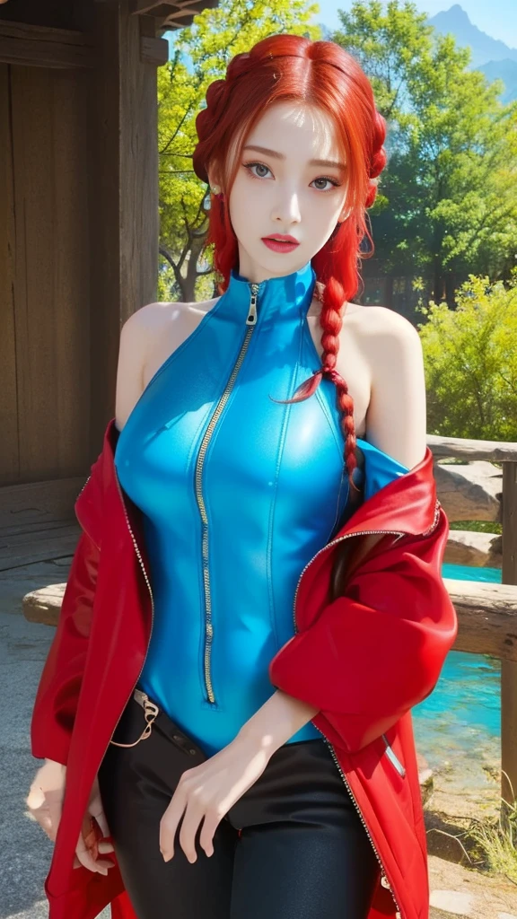 Ranma-chan, Ranma, red hair, single ginger braid, braided ponytail, big blue eyes, seductive, see through top, wet top, erect under clothes, visible through the top, perfect ass, blue thong, deep cleavage, big breasts, beach scenery, standing in the water, dramatic shadows,,1girl ,((20 years old)) woman, sexy girl, solo, detailed eyes,  adult woman, feminine face, urban area ,  modern building, vast blue sky, clouds,  morning, dramatic light, sexy feminine look, detailed background, provocative smile, big breasts, deep cleavage, cleft chest, water Traces, drenched, see through, visible through the top, ((nipple)), slender legs, thin waist, view from front, she is wearing ultra-fine wet top, (((ultra-fine clothing material))), ((no bra)), ((no panty)), full body pose, 20yo woman, perfect ass, sfw
