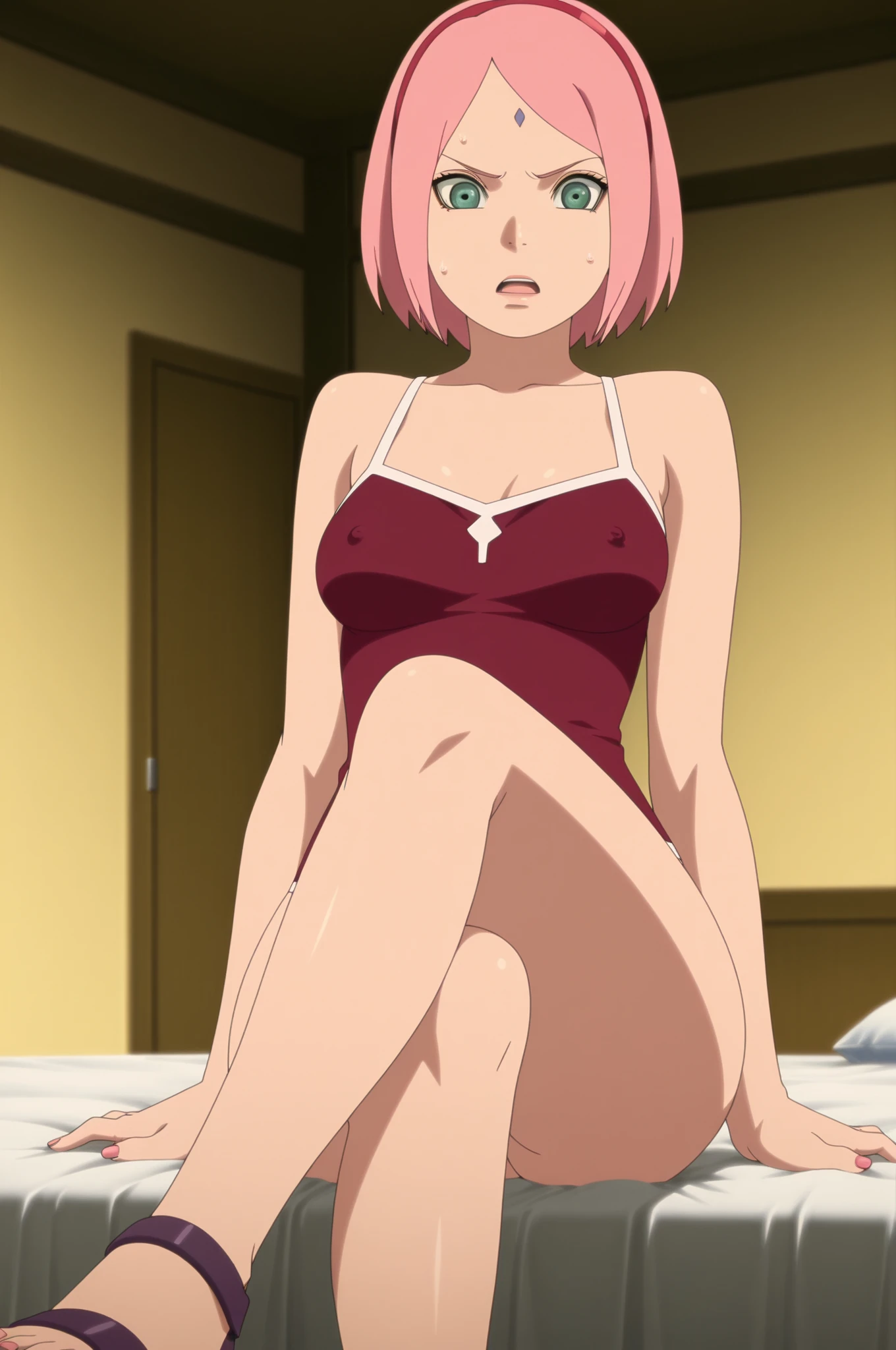  score_9,score_8_up,score_7_up, source_anime, BREAK 1girl, Oboro, sitting on the floor and showing her feet, (pov from below:1.3), micro POV, stepping on viewer, foot focus, pedi couture sandals, both detailed feet, five toes, smooth natural toenails, smirk, purple hair, short hair, blunt bangs, eyeshadow, low ponytail, lipstick, makeup, detailed face, red eyes, red long dress,bare shoulders, red elbow gloves,large breasts, thighs,necklace, mature female BREAK  best quality, official art, anime keyvisual, anime screencap