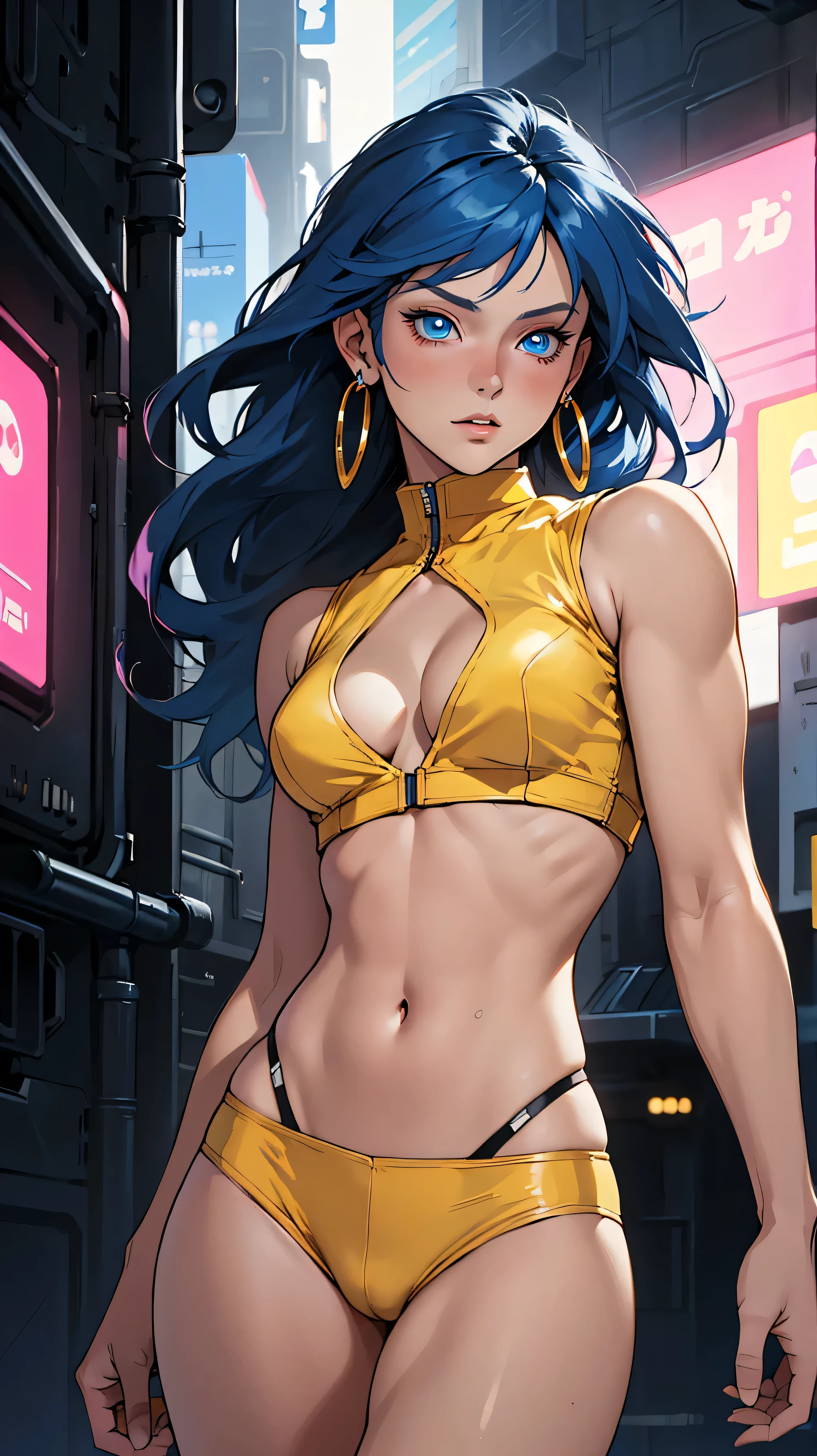(best quality:1.2,highres,ultra-detailed), detailed face and body of Yuri from The Dirty Pair, stunning Asian beauty, expressive brown eyes, luscious lips, long flowing blue hair, (skimpy yellow outfit), (revealing cleavage), confident and sexy pose, (cyberpunk-inspired city background), neon lights illuminating the scene, vibrant colors, (futuristic and edgy atmosphere), stylish and sleek architecture, dynamic angles and composition, (sci-fi and anime fusion), perfect beauty