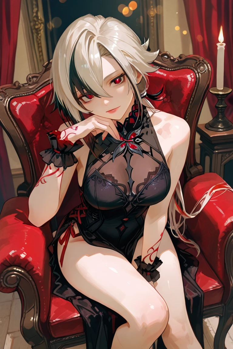 top-quality、Top image quality、in 8K,4K,masterpiece、(NSFW:1.1)、ultra-detailliert、Beautiful、ultra-quality、adult-like、Cool、girl with(((18year old、negligee:1.5、Bust 78、silber hair、a short bob、Red Eyes、erotick:1.4、Happiness、The tattoo)))、hiquality、visualart、Background with((Halloween 1.3))、masutepiece