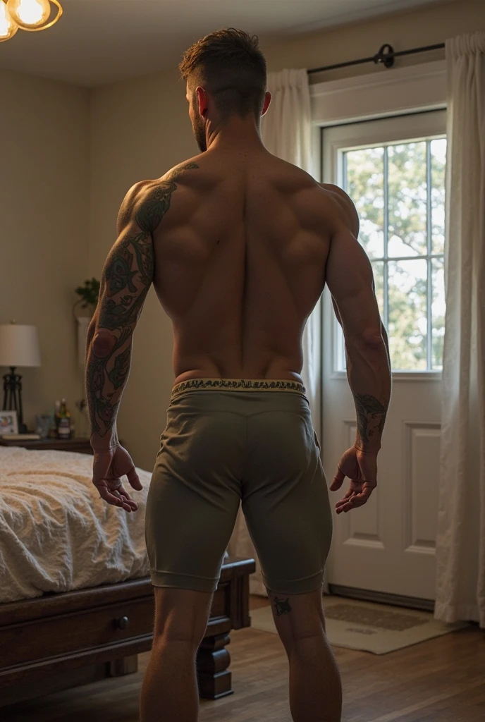 Award-winning original photoen, 30 years old man and wild muscular man, 40 years old, short beards, burly, hunk, wearing shirts, smilling happil, detailed, lovely, ((full body)), (((shirtless )))(((beige jeans))) lay down view from behind  bent over 