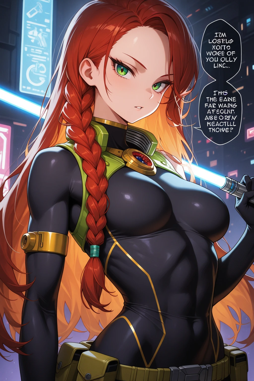 anime, 1 girl, anime girl, big breasts, hourglass figure, cleavage, wide hips, tight fitting clothes, green outfit, green eyes, pale skin, galaxy background, beautiful, long ginger hair, ginger hair girl, long hair, soft lips, gentle hands, delicate but dom, small waist, massive breasts and hips