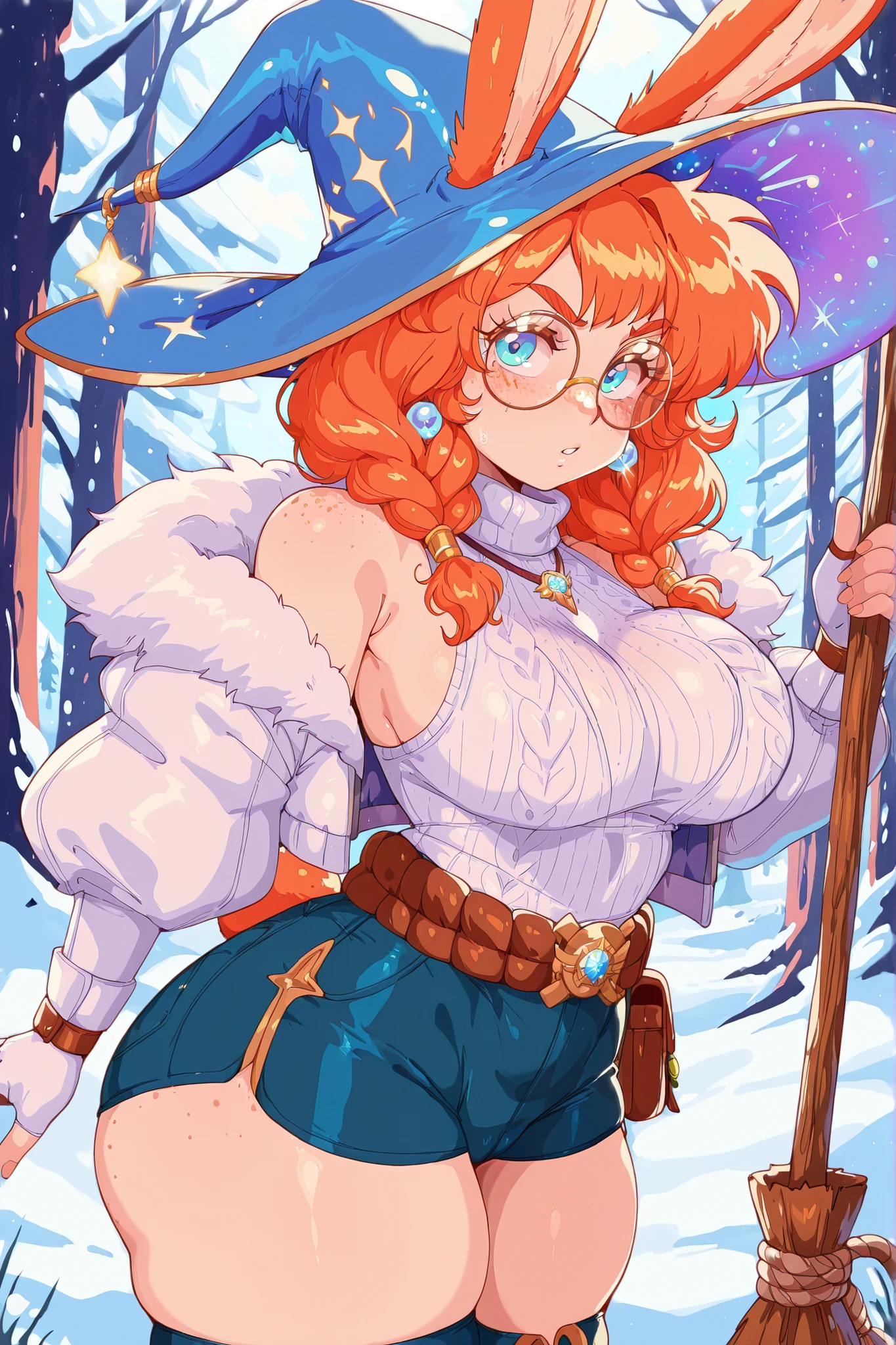 Bl3th3bn3_Styl3_SKNSFW, AuroraLOL, 1girl, ginger hair, freckles, rabbit ears, rabbit tail, earring,,round glasses, witch hat, sleeveless sweater, white jacket with fur, white fingerless gloves, rope belt, blue shorts, thighhighs, winter forest