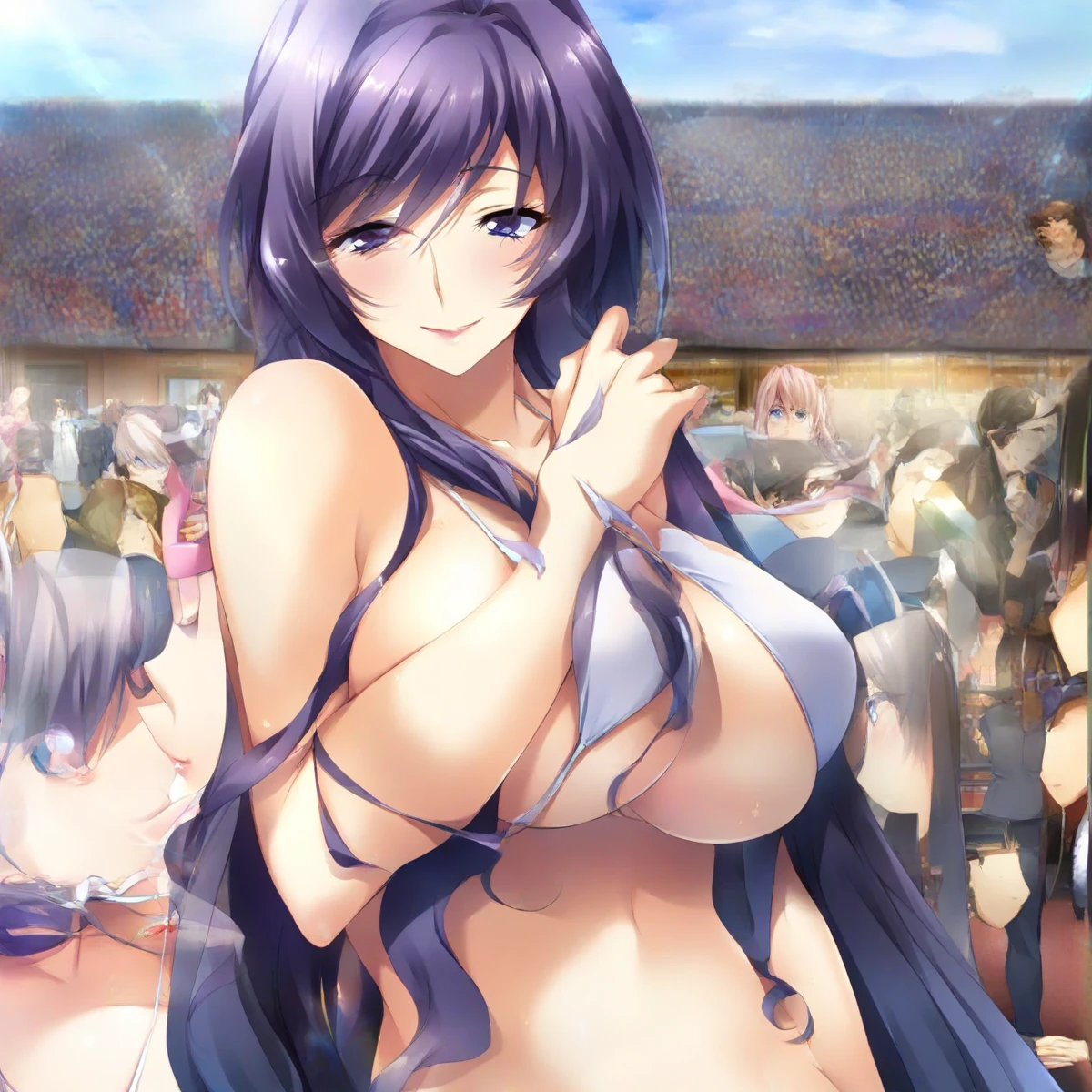 1girl, nsfw, furuderika, long hair, purple eyes, blue hair, blunt bangs,, , empty eyes , large breasts, nipple, Running, ,, Heavy snowfall area frozen wet crying mountain Alone, crying, Naked, solo, 1girl, amusement park ,