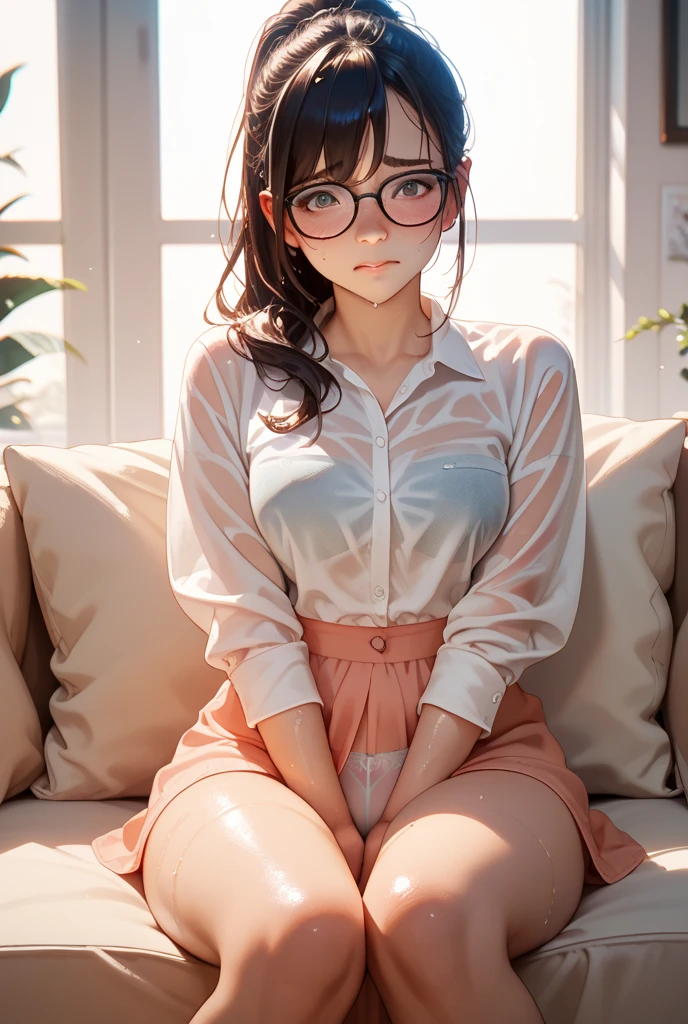  (highest quality:1.4), (High resolution:1.2), Sharp contours, Long Hair, highest quality, masterpiece,Glasses,Voice of the Heart,yandere,Full Body Shot,20-year-old woman,yandere,Big Breasts,Ecstasy,saliva,blush,Squint your eyes,Heterochromia iridis,Tuck up your clothes,nude,cum on head,breast milk,