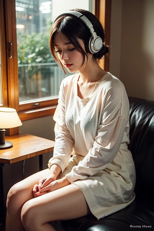 Girl listening to music、Anime Style、Sitting on the bed looking out the window