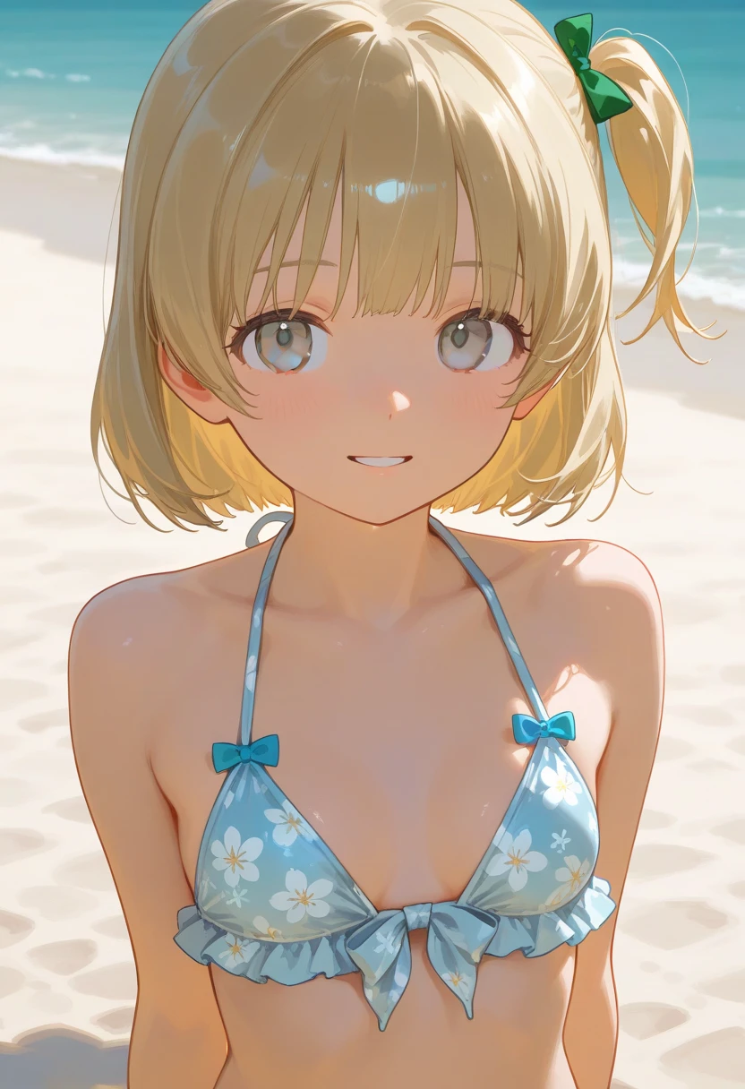 One Woman, Highest quality, masterpiece, Super Resolution, Large Breasts, Idol, Beauty, ((From the front 1.2)), Cleavage, 8k, High resolution eyes, High-resolution contours, ((Forehead visible 1.3)), Stylish, High-resolution pupils, blush,  High resolution face, High resolution breasts, Ultra HD, Open your mouth, Upper Body, High resolution mouth, Sexy body, ((Cool face 1.5)), ((Hanging 1.3)), short hair, Broken bangs, Blonde, Yellow Eyes, model, Mature Woman, Adult women, Beautiful clavicle, High resolution hair, Mother, maternal, Micro Bikini, Underboob, Sideboob, Beach,  Married Woman, couple, 