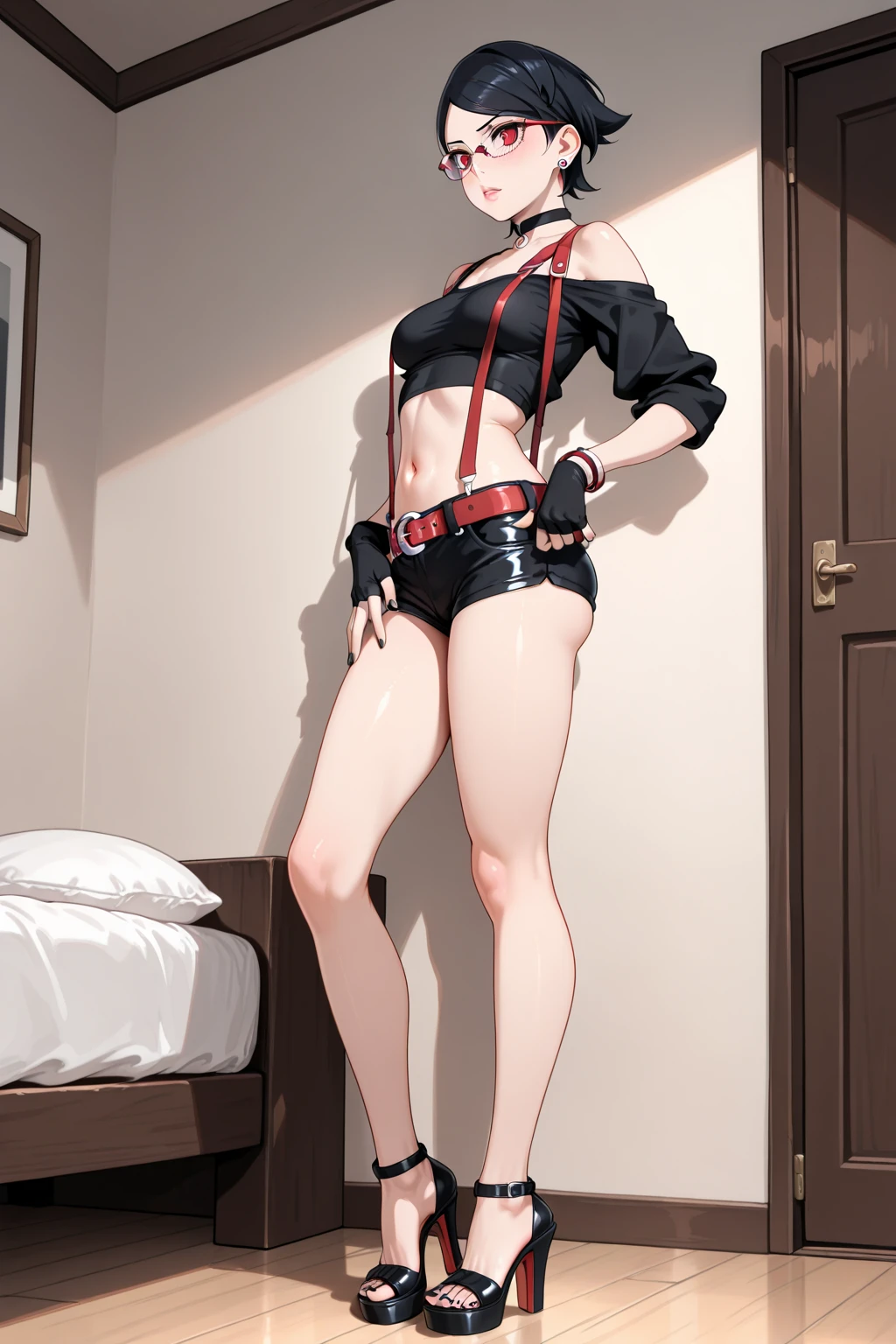 full body, standing, purple skin, drow, elf, 1girl, mature, purple eyes, white hair, black bikini, abs, big knockers, tatter rags, chain collar, stomach tattoo (red tattoo), sleeping on the bed, bedroom background