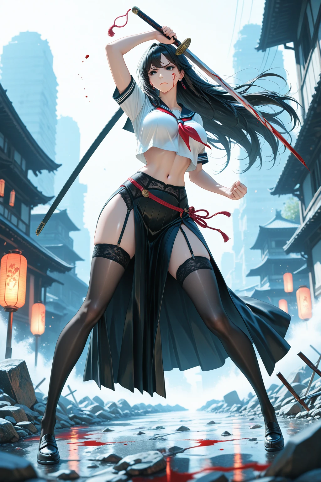 Girl, Navel exposed,  Wearing calf-length socks and boots, Holding a sword, Being attacked by enemies, He closes his eyes in pain and cries