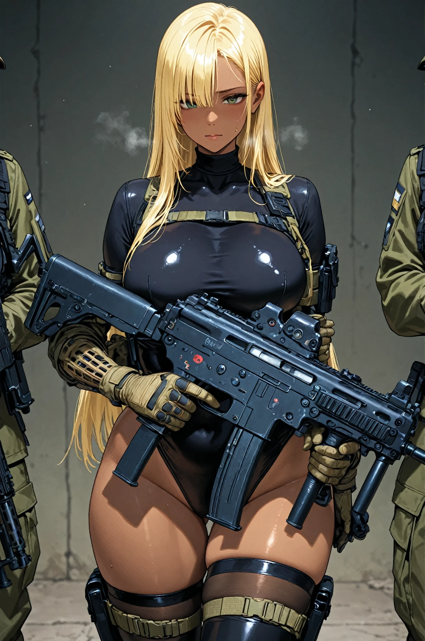 ((highest quality)), ((masterpiece)), (be familiar with), (High definition), 8K, perfect face、1 woman、one blonde woman (fearless smile)、combat readiness、tall、Long Hair、Volumetric hair style、big breasts、constricted waist、big ass、glamorous、Glamorous、protector、Armor、combat suit、combat boots、armed、Equipped with large firearms、Posing in front of a tank、cinematic、best shadow、side lighting