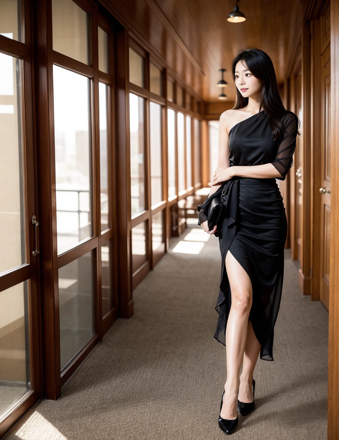 araffe woman in a black dress posing on a ledge in a building, tube-top dress, cindy avelino, wearing a long dress, long dress, she is wearing a black dress, wearing long gown, wearing a tight black dress, wearing black dress, by Robbie Trevino, full body length, 2 9 years old, 2 7 years old ,big breasts
